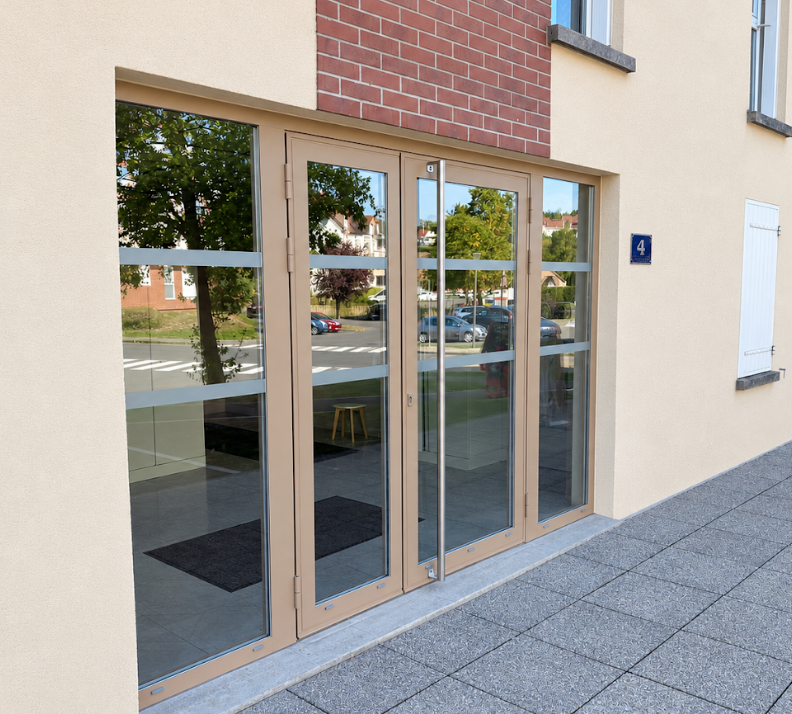 Entrée vitrée en aluminium beige réalisée sur mesure