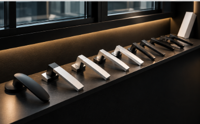 Choix de poignées pour menuiseries aluminium dans le showroom